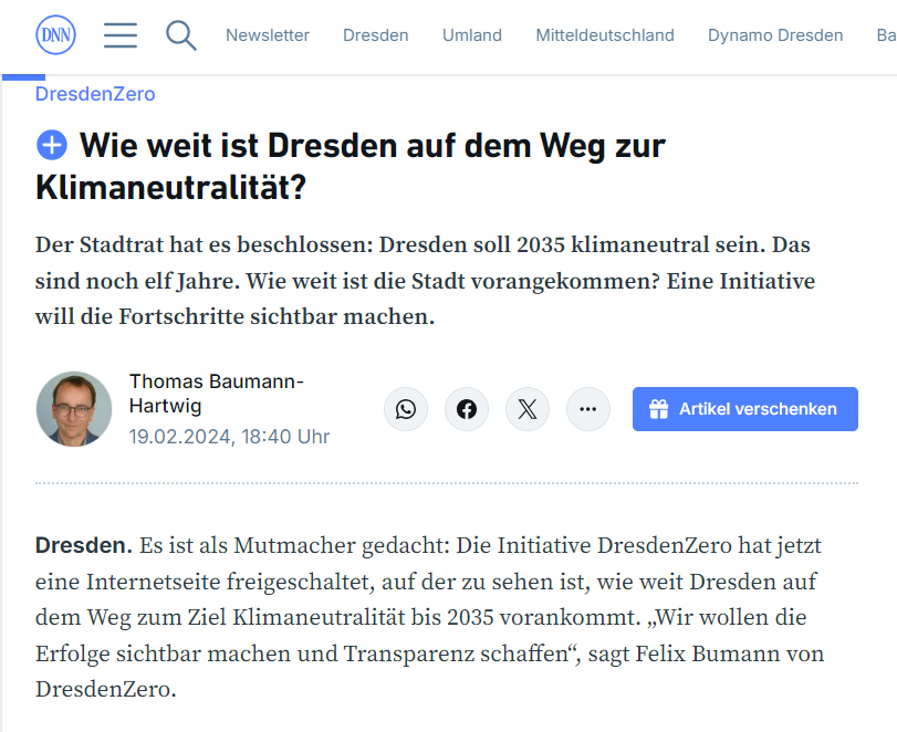 Artikel bei Dresdner Neueste Nachrichten am 19.02.2024: Wie weit ist Dresden auf dem Weg zur Klimaneutralität