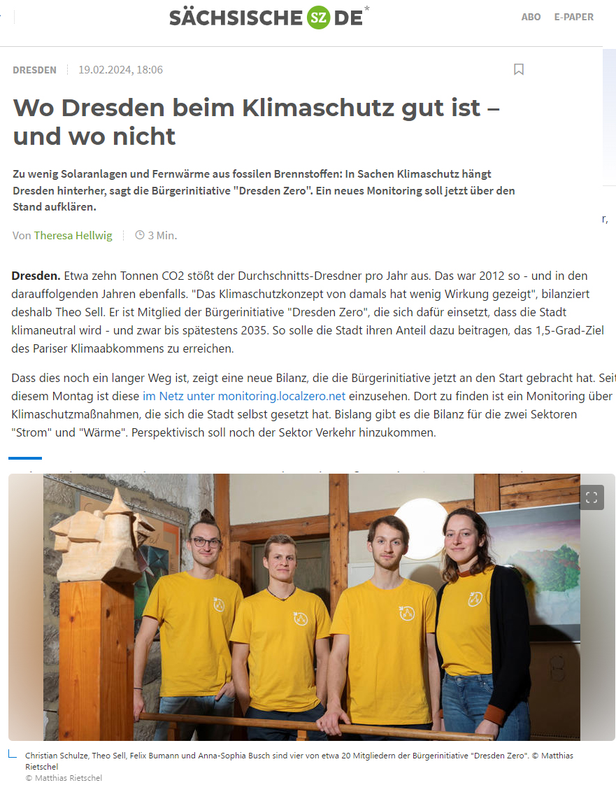 Artikel auf Sächische Zeitung Online am 19.02.2024: Wo Dresden beim Klimaschutz gut ist - und wo nicht
