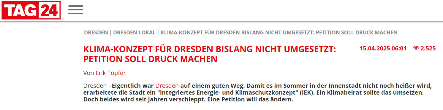 Artikel auf Tag24 am 15.04.2025: Klima-Konzept für Dresden bislang nicht umgesetzt: Petition soll Druck machen